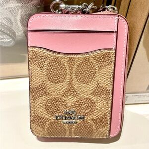 COACH CW883 Zip Card Case In Signature Canvas & Leather Silver/Tan/Dusty Pink